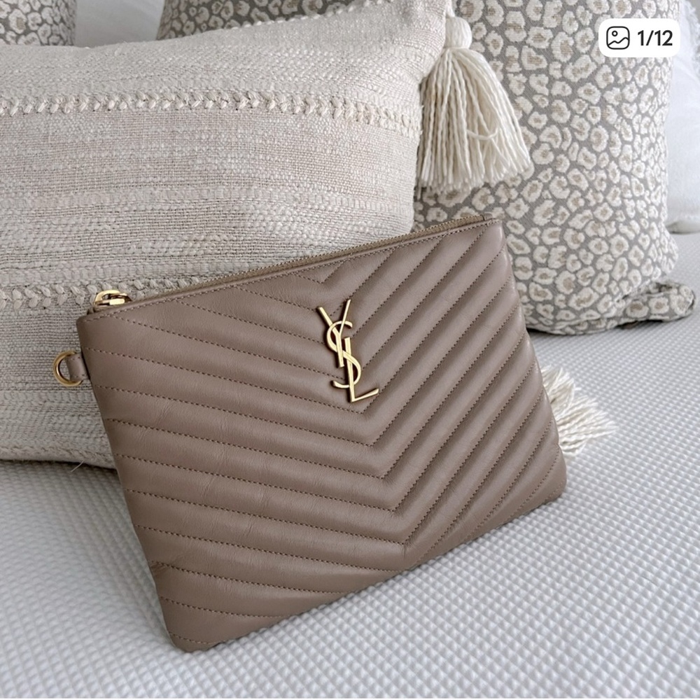 Yves Saint Laurent Beige Chevron Clutch